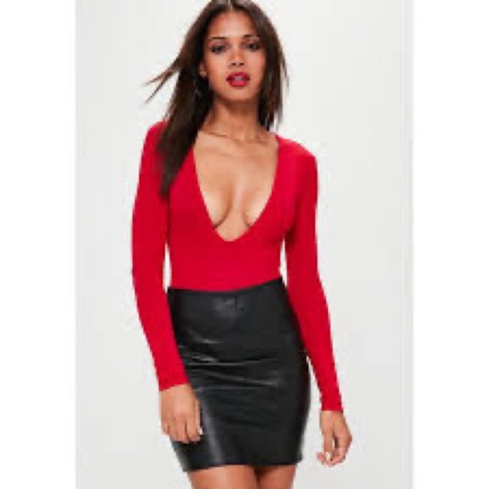 MISSGUIDED Red Deep Plunge Long Sleeved  Bodysuit